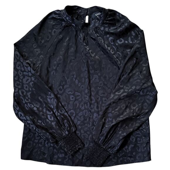 Vici Long Sleeve High Neck Keyhole Black Satin Blouse Small - Picture 1 of 5